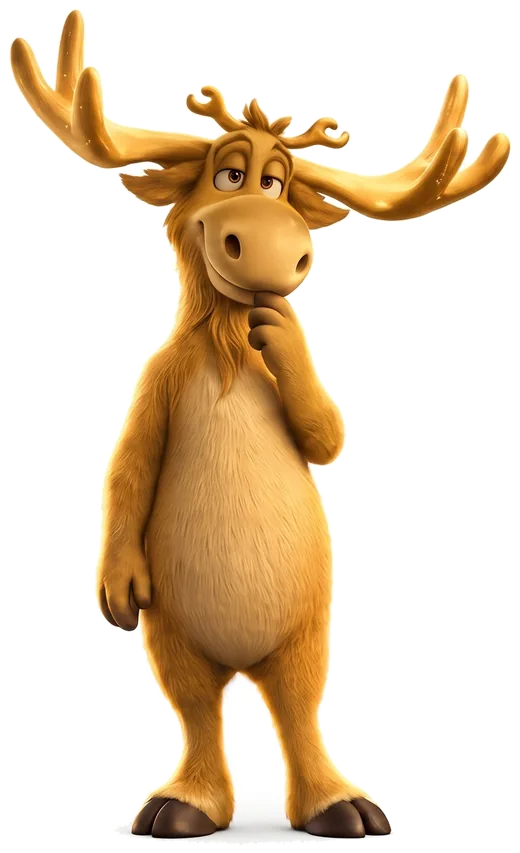 Bobby the moose, thinking with a hoof at his chin