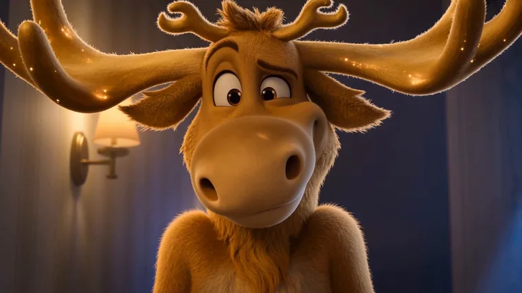 Bobby with softly glowing antlers in a night-lit bedroom